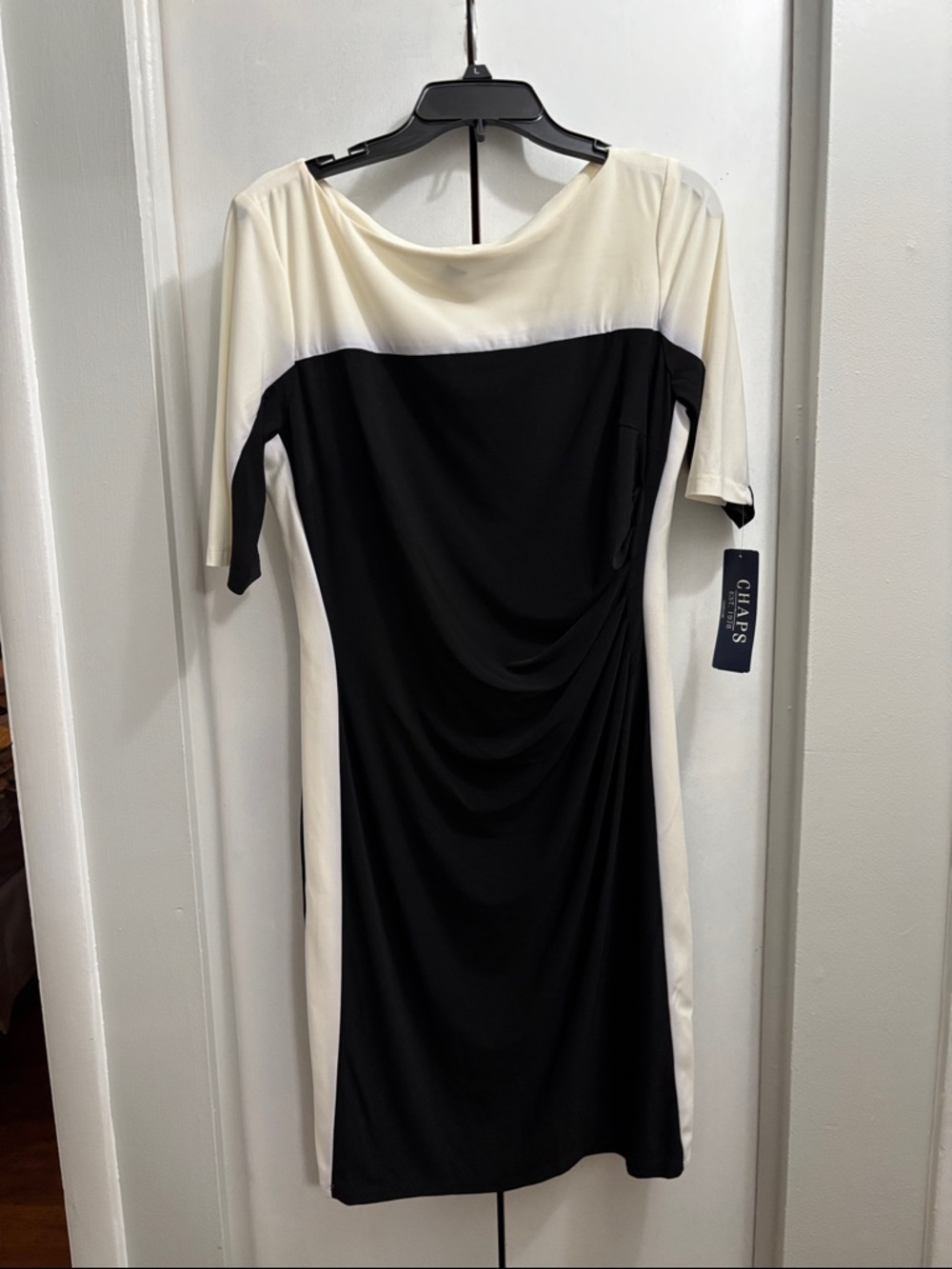 Chaps Black and Cream Color-Block Midi Dress